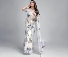 Women's Cotton Linen Printed Saree with Unstitched Blouse Piece