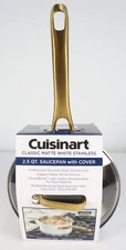Cuisinart Classic Matte White & Brushed Gold 2.5qt Stainless Saucepan w/Cover 