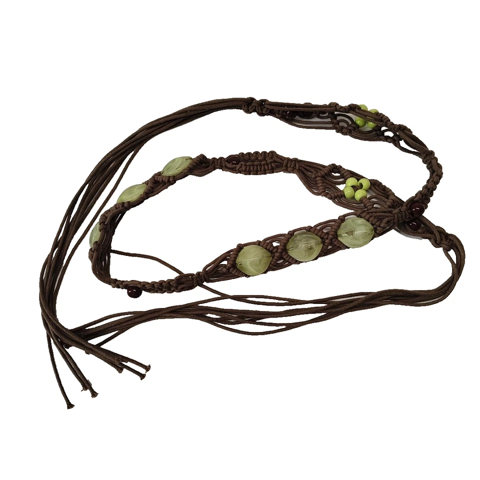 Macrame Boho Tie Belt Brown Beaded One Size Vintage Bohemian Gypsy Hippie - Image 2 of 4