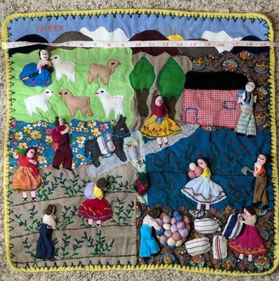 Vintage Peruvian Arpillera Wall Folk Art Flower Harvest People Sheep 19''x18''