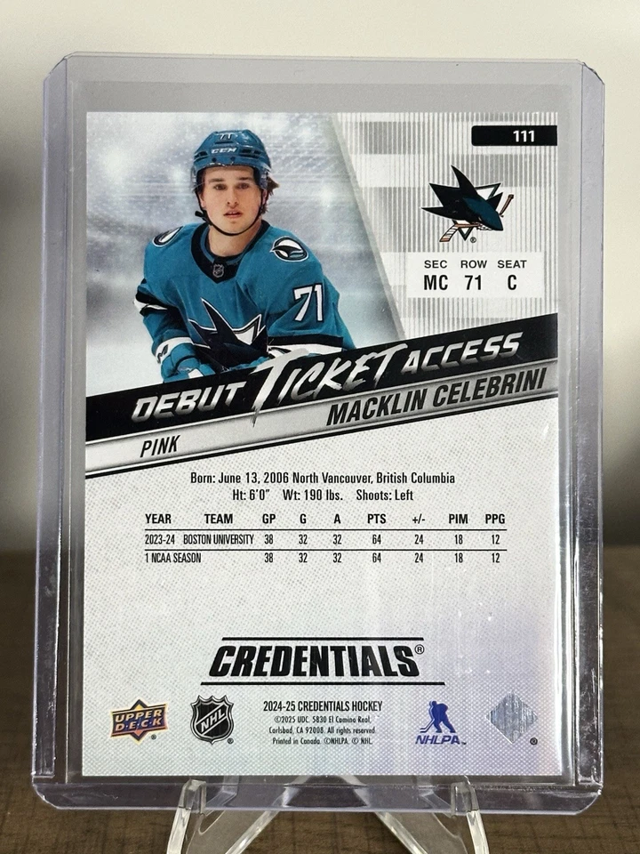2024-25 UD Credentials Debut Ticket Access Pink Macklin Celebrini /50 Sharks RC - Image 2 of 3