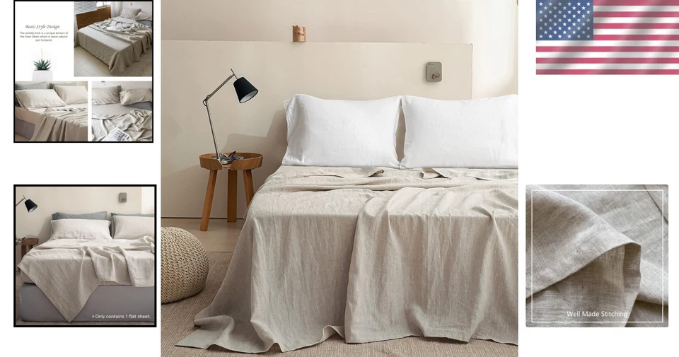 French Flax Linen Flat Sheet 108"x102" - Soft & Breathable - Image 2 of 4