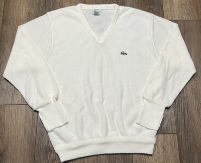 VTG 80's Izod Lacoste V Neck Acrylic Sweater Mens L Cream Gator Logo Classic