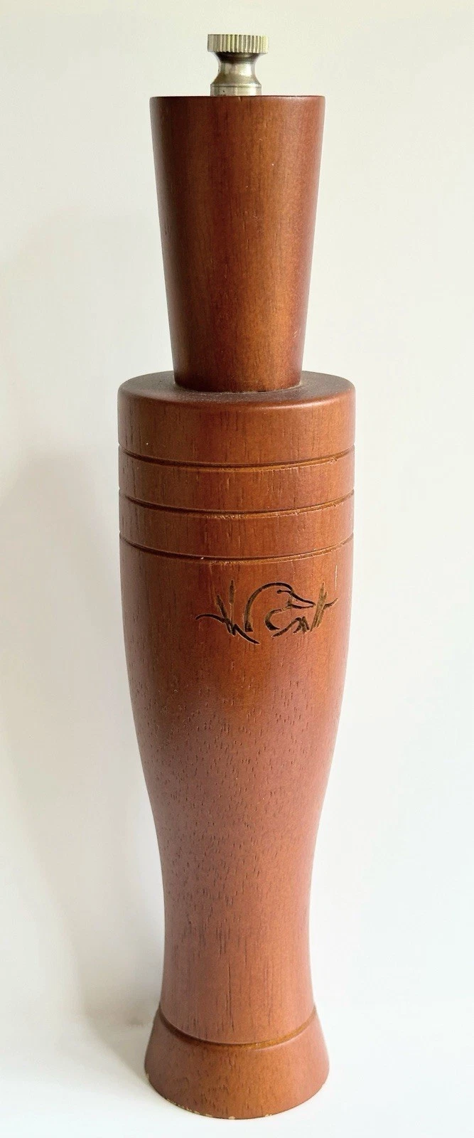 Wooden Pepper Mill Grinder Shaped Like Duck Caller, Arkansas Style, 10.25” Tall