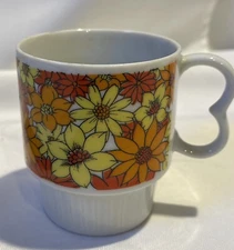 Vintage MCM Stylecraft Yellow & Orange Flower Stackable Mug Cup Japan