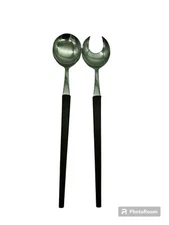 Vintage 2 Pc Salad Serving Set Sleek Wood Handle Mid Century Stainless Japan