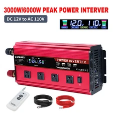3000W 6000W Power Inverter 12V DC to 110V AC With Remote, LCD, 4USB & 4AC Red