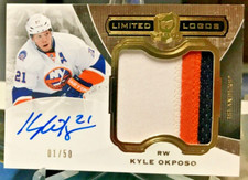 KYLE OKPOSO #1/50 CUP LIMITED LOGOS 3 COLOR PATCH FIRST ONE UD 2014 NY ISLANDERS