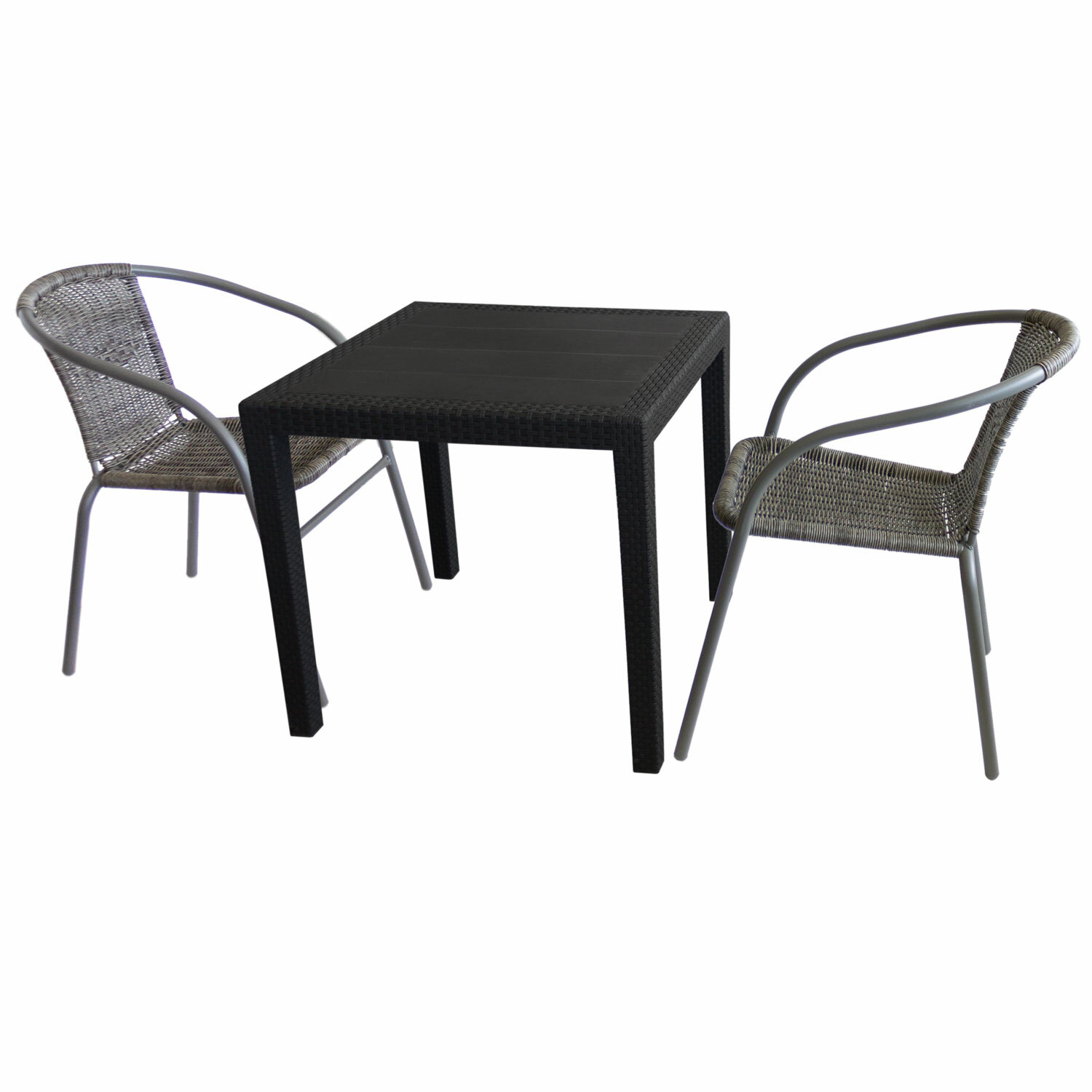 3tlg Balkon 79x79cm Grau Stuhle 2 Schwarz Rattan Look