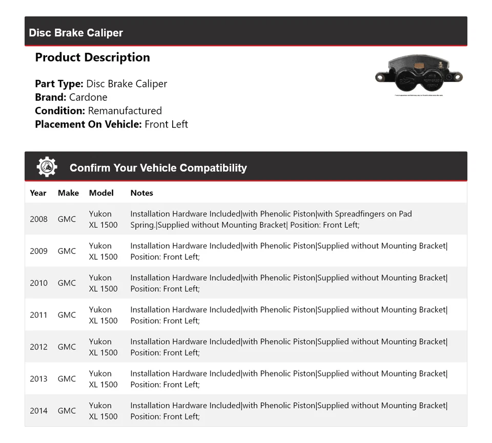 Pinza de freno de disco delantera izquierda Cardone 2009 2010 para GMC Yukon XL 1500 2008-2014 Foto 2 de 4