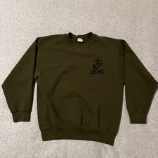 USMC PT Sweatshirt Mens Medium OD Green Logo Spellout Made In USA Military Issue