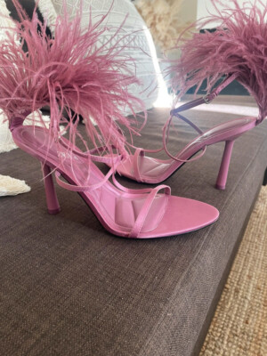 BRAND NEW ZARA WOMAN PINK HIGH HEEL FEATHER SANDALS SHOES ANKLE STRAP