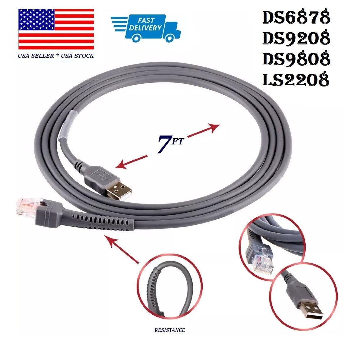 USB 7ft Cable CBA-U01-S07ZAR for Symbol Motorola Barcode