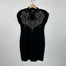 Carole Little Dress PL Black Beaded Knit Bodycon Cap Sleeve VTG Whimsygoth Y2K