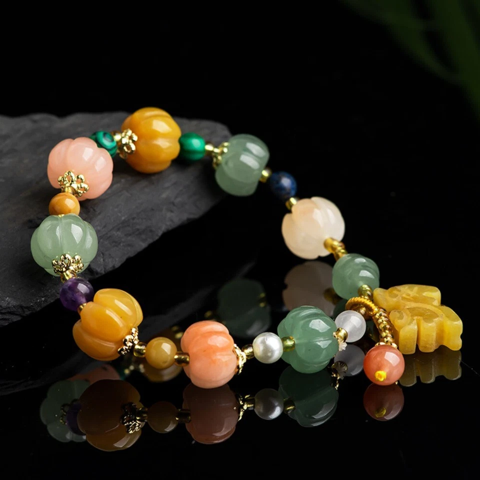 Colourful Quartzite Aventurine Jade Luck Pumpkin Beads Pixiu Charm Bracelet - Image 3 of 4