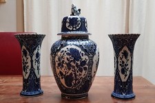 Delfts Blue White Ginger Foo Dog Jar Urn 15" Vases 10" Boch Royal Sphinx Holland