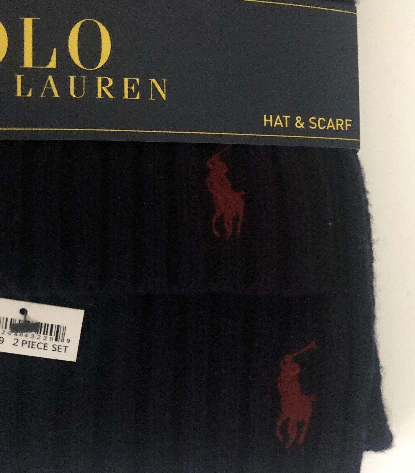 Set cappello e sciarpa polo Ralph Lauren misto lana blu navy con logo pony rosso nuovo con etichette