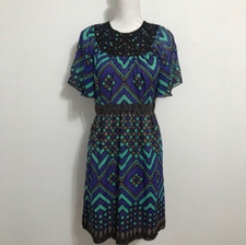 Anna Sui Blue & Green Print Silk Dress, 100% Silk, Size 6, Made in USA