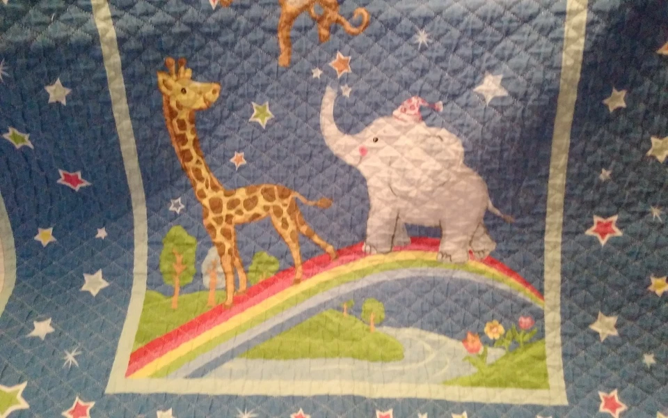 Baby Blanket Hand Made Quilt Monkey Giraffe Elephant Rainbow Moon Party 41x32" - Image 4 of 4