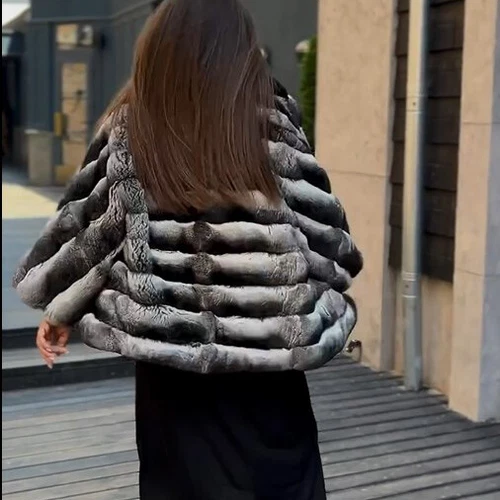 2025 Elegante Frauen Echte Rex Kaninchen Pelz Mantel Chinchilla Mantel Neu Jacke - Picture 6 of 8