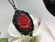 Renaissance WEDDING BLACK Heart Goth RED ROSE VICTORIAN Cameo Necklace BIRTHDAY