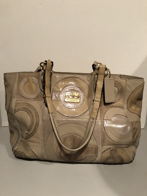 COACH Mia Op Art Tan Suede Patent Leather Handbag Satchel Tote #15748
