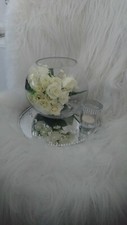 WEDDING TABLE CENTREPIECES, WITH THICK GLASS FISH BOWL AND MIRROR STAND X 5