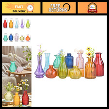 Set of 10 Colored Glass Bud Vases for Flowers, Vintage Small Bottles, Wedding 