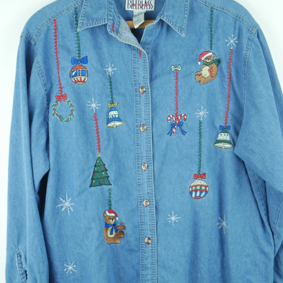 Lindo Denim Vintage Grande Abotonado Bordado Cambray Años 90 Navidad Grannycore Foto 3 de 4