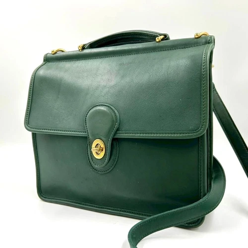 Vintage Coach 9927 2way Shoulder Bag Willis Bag Turn Lock Green Leather Authen - Picture 2 of 16