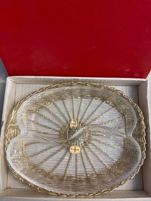Japan KFC glass divided dish in gold-tone wire basket NIB
