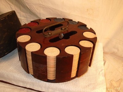 Antique c.1925 POKER CHIP SET-AIRPLANE IMPRINT-in Mahogany Lazy Susan Holder