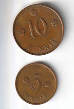 Lot Finland 2 Coins 10 & 5 Penni 1937 Copper *Heraldry
