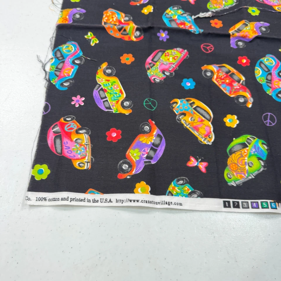Cranston Fabric Retro VW Beetle Cars Peace Signs Flowers 60s Hippie 18x43 - Image 3 of 4