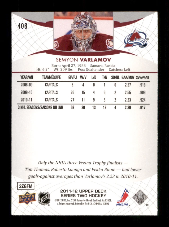  408 Semyon Varlamov Colorado Avalanche  Upper Deck Hockey Sports Trading Card  - Image 2 of 2