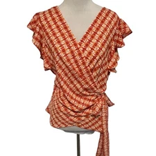 Max Studio NEW Wrap Top Womens Medium Orange Floral Ruffle Sleeve Blouse NWT
