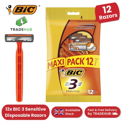 TRADEHUB BIC 3 Sensitive Triple Blade Razors 12 Pack with Fixed Head for Soft Shaving
