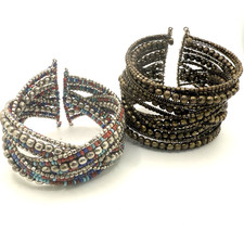 Two Beaded Wrap Bracelets Brown Red Blue Boho Cuff Adjustable 7.5  