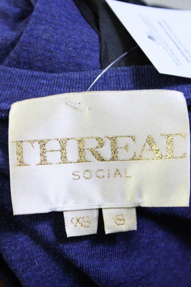 Thread Social Womens Long Sleeve Ruffled Trim Scoop Neck Shirt Blue Cotton XS/S - Image 4 of 4