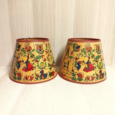 Vintage Scandinavian Folk Art Paper Lamp Shade Set Of 2