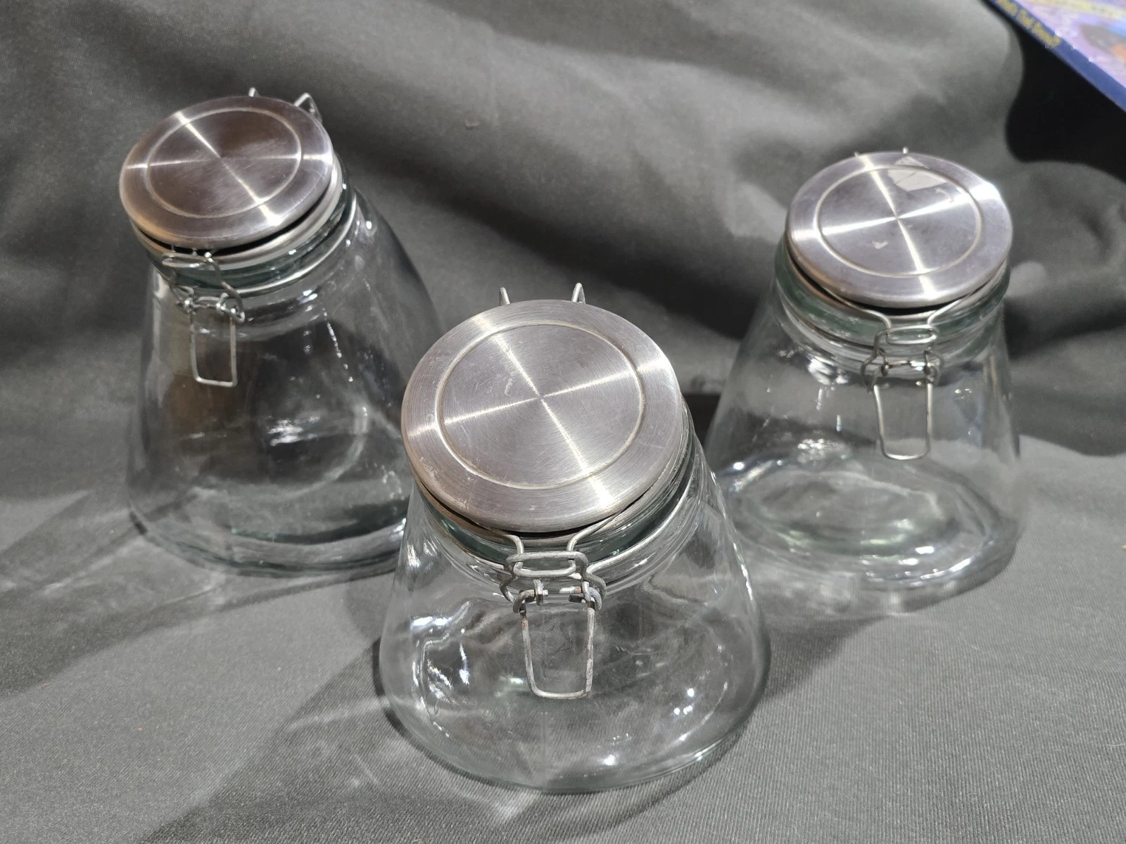Set Of 3 Vintage Slope Jar Canister Clear With Metal Clasp Lid