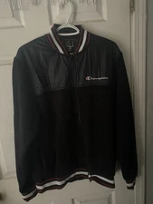 Champion Sherpa Fleece Varsity Jacket Men’s Large Black Nylon Retro Bomber Clean