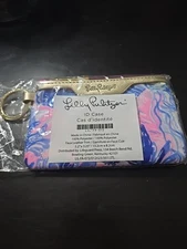 Lilly Pulitzer Wallet Pink Blue Zip ID Case Gold Tone Keychain Card Holder NEW