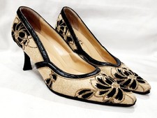 Chanel BLACK GOLD Floral Flower Fabric Wool Heel Pump 36.5 Leather Trim 6.5 Used