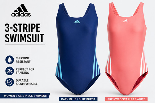 Adidas Womens One Piece Swimsuit  3 Stripe Swimwear Athletic Scarlet / Blue