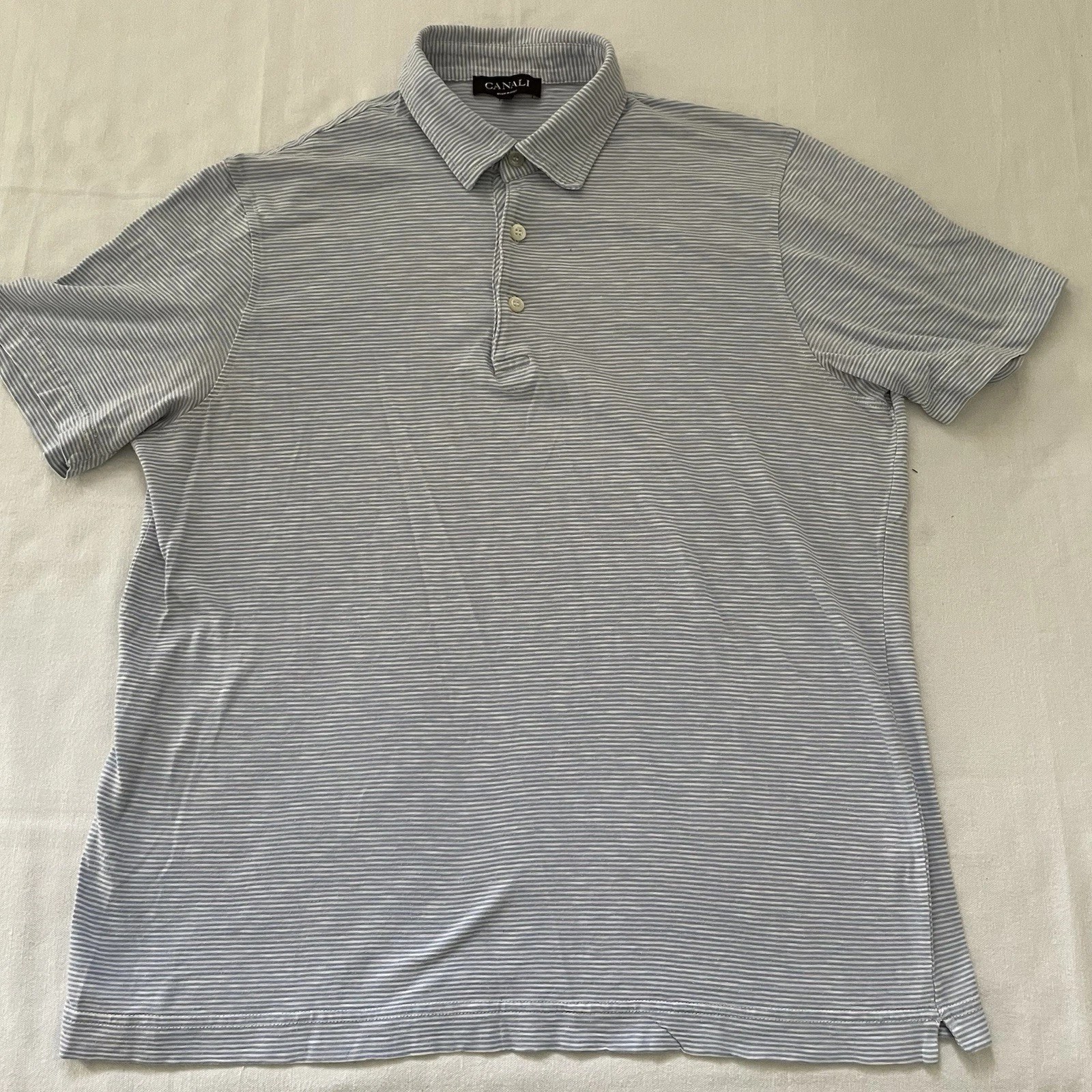 Canali Polo Shirt Mens Medium 50 IT Blue White Stripe Made Italy Luxury Cotton