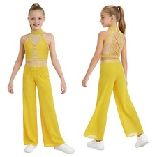 US Kids Girls Lyrical Dance Sleeveless 2-Piece Festival Outfit Costume Wide Leg