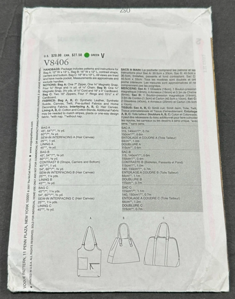 Vogue Accessories 3 Handbags Pattern V8406 - Image 2 of 3