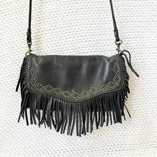 Lucky Brand Black Leather Fringe Slim Brass Stud Convertible Crossbody Clutch