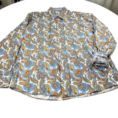Camicia uomo Alan Flusser paisley con bottoni manica lunga 2XL cotone blu arancione - Foto 2 di 13